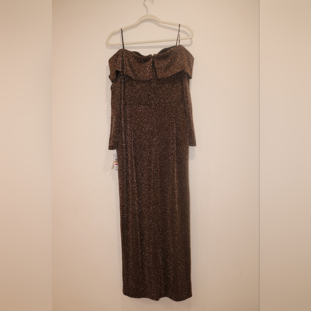Alex Evenings Plus Size Off-the-Shoulder Side-Slit Glitter Dress - Black/Copper - Picture 6 of 12